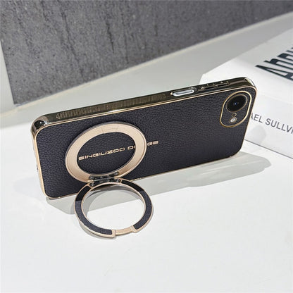 Magnetic Case For iPhone 17e  /  16e Litchi Pattern TPU PU Cover with Electroplated Metal Ring Kickstand