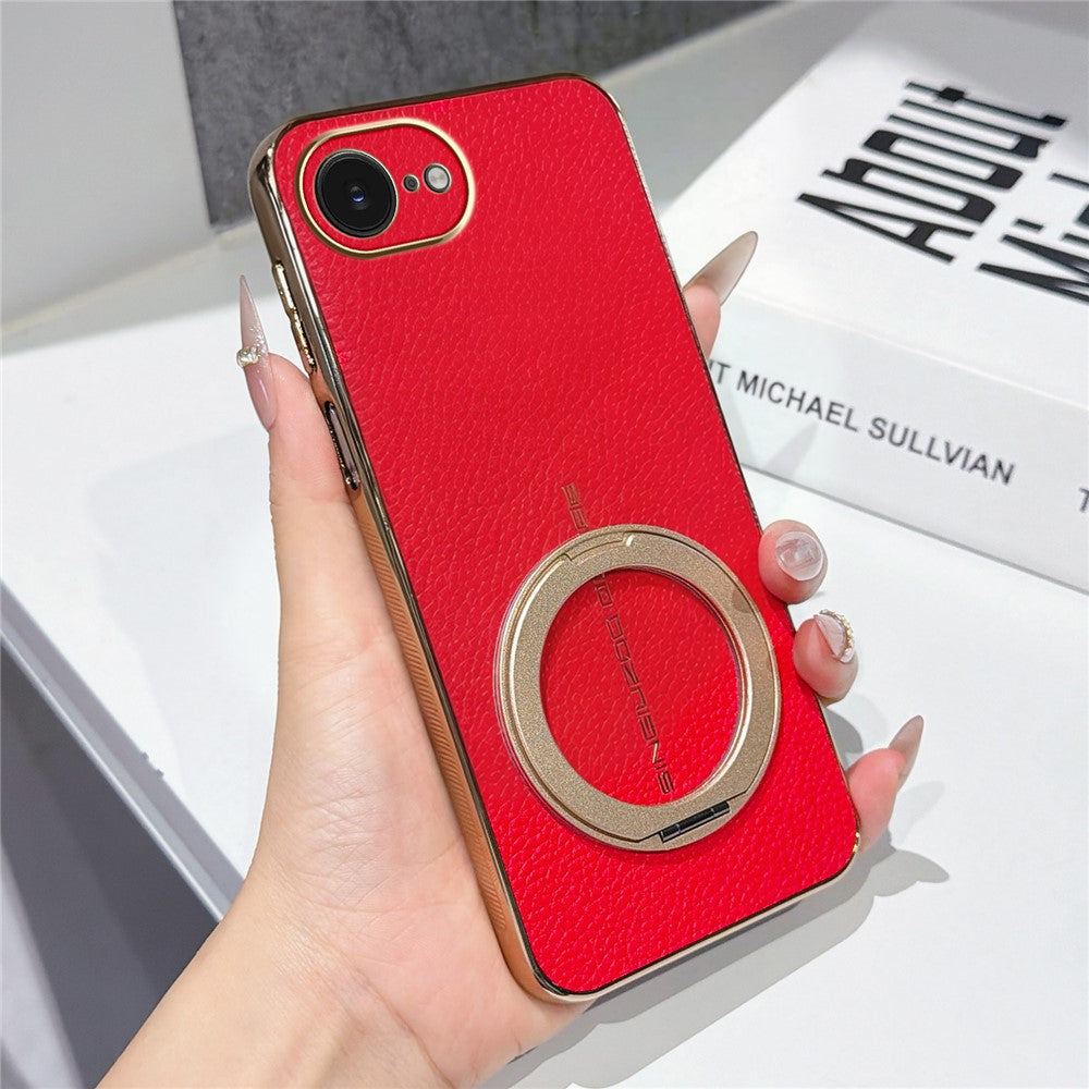 Magnetic Case For iPhone 17e  /  16e Litchi Pattern TPU PU Cover with Electroplated Metal Ring Kickstand