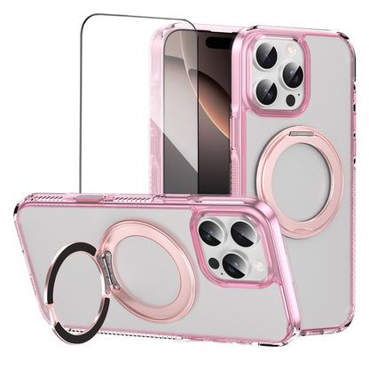 For iPhone 16 Pro Magnetic Case Rotating Kickstand PC + TPU Matte Phone Cover with Tempered Glass Film/Camera Button