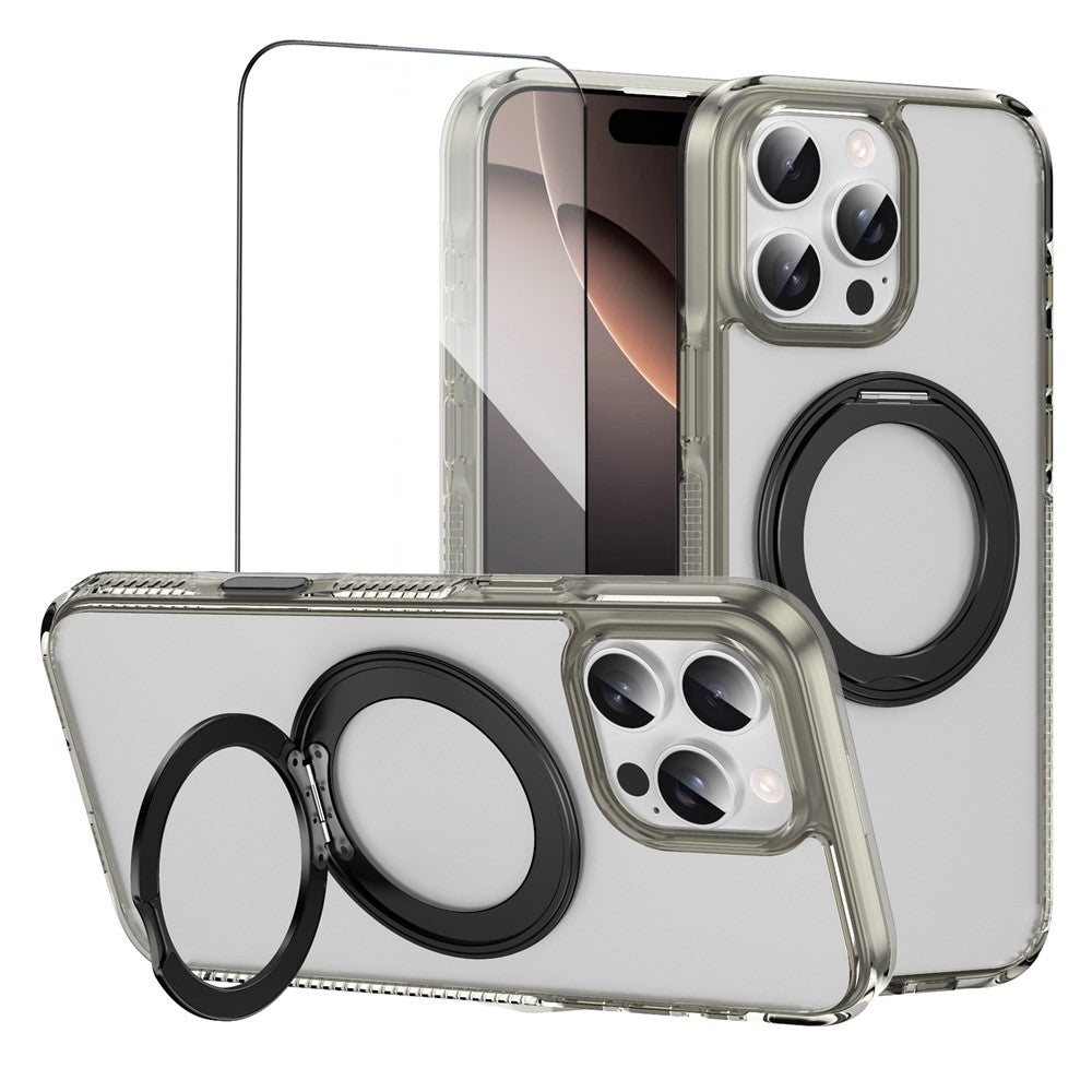 For iPhone 16 Pro Magnetic Case Rotating Kickstand PC + TPU Matte Phone Cover with Tempered Glass Film/Camera Button
