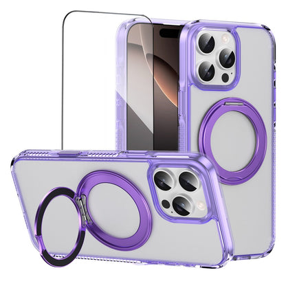 For iPhone 16 Pro Magnetic Case Rotating Kickstand PC + TPU Matte Phone Cover with Tempered Glass Film/Camera Button