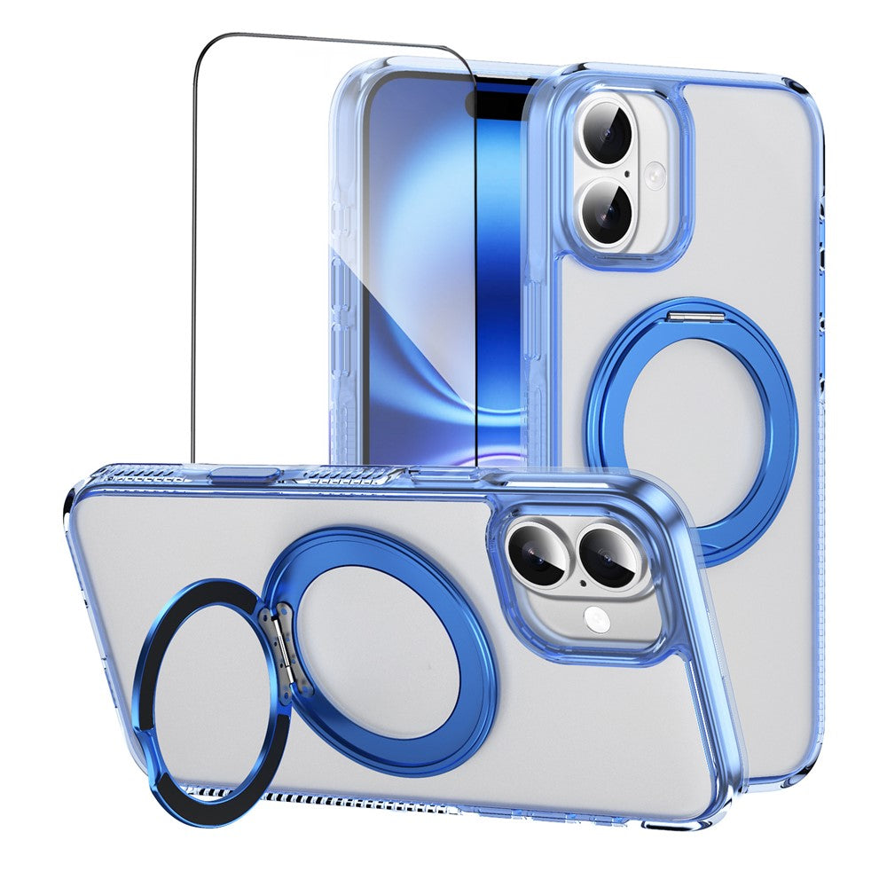 For iPhone 16 Magnetic Case Rotating Kickstand PC + TPU Matte Phone Cover with Tempered Glass Film / Camera Button