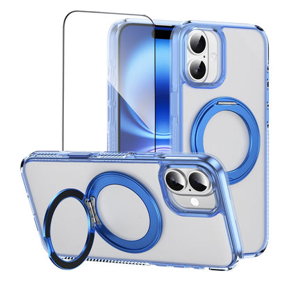 For iPhone 16 Magnetic Case Rotating Kickstand PC + TPU Matte Phone Cover with Tempered Glass Film / Camera Button