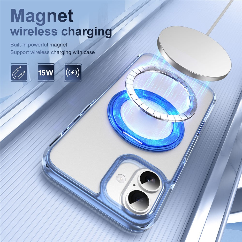 For iPhone 16 Magnetic Case Rotating Kickstand PC + TPU Matte Phone Cover with Tempered Glass Film / Camera Button