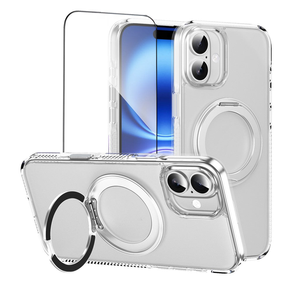 For iPhone 16 Magnetic Case Rotating Kickstand PC + TPU Matte Phone Cover with Tempered Glass Film / Camera Button