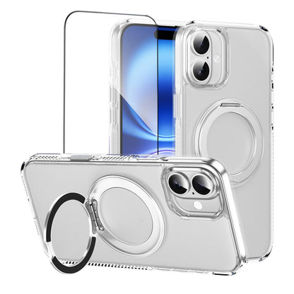 For iPhone 16 Magnetic Case Rotating Kickstand PC + TPU Matte Phone Cover with Tempered Glass Film / Camera Button