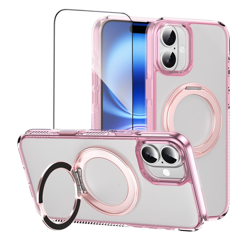 For iPhone 16 Magnetic Case Rotating Kickstand PC + TPU Matte Phone Cover with Tempered Glass Film / Camera Button