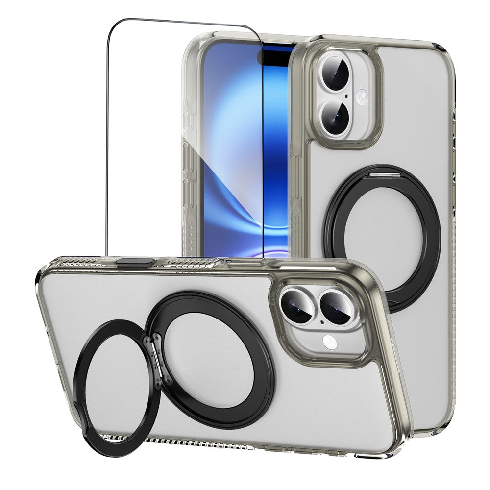 For iPhone 16 Magnetic Case Rotating Kickstand PC + TPU Matte Phone Cover with Tempered Glass Film / Camera Button