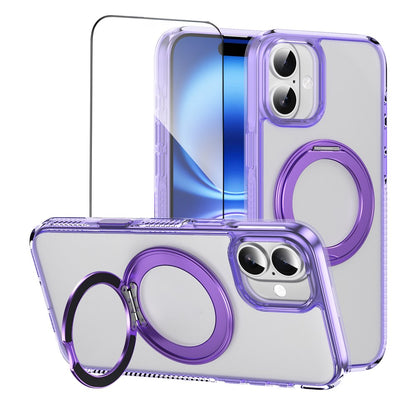 For iPhone 16 Magnetic Case Rotating Kickstand PC + TPU Matte Phone Cover with Tempered Glass Film / Camera Button