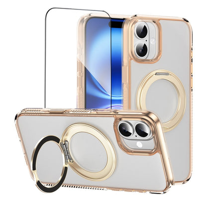 For iPhone 16 Magnetic Case Rotating Kickstand PC + TPU Matte Phone Cover with Tempered Glass Film / Camera Button