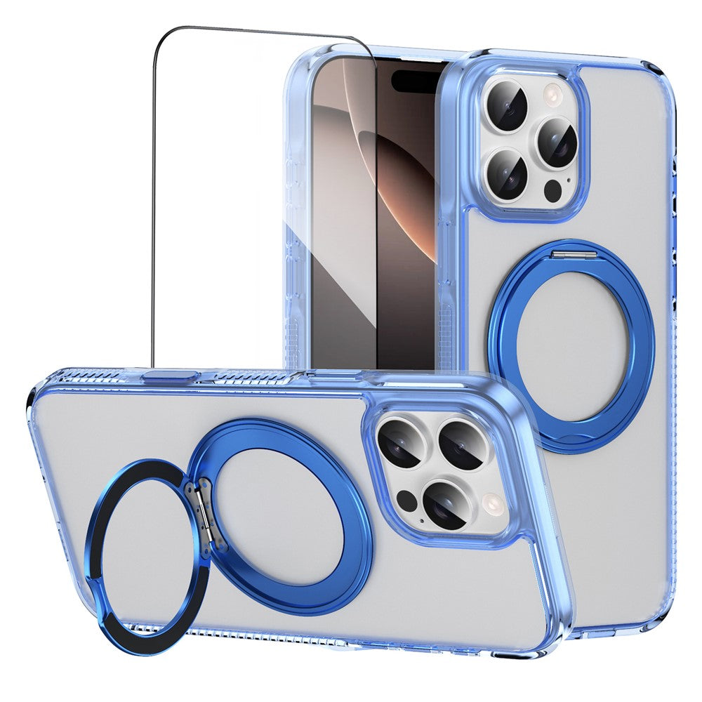 For iPhone 16 Pro Max Magnetic Case Rotating Kickstand PC + TPU Matte Phone Cover with Tempered Glass Film / Camera Button