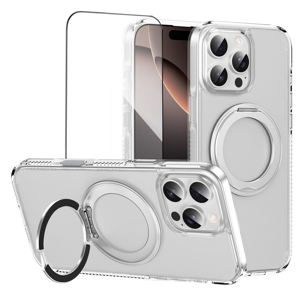For iPhone 16 Pro Max Magnetic Case Rotating Kickstand PC + TPU Matte Phone Cover with Tempered Glass Film / Camera Button