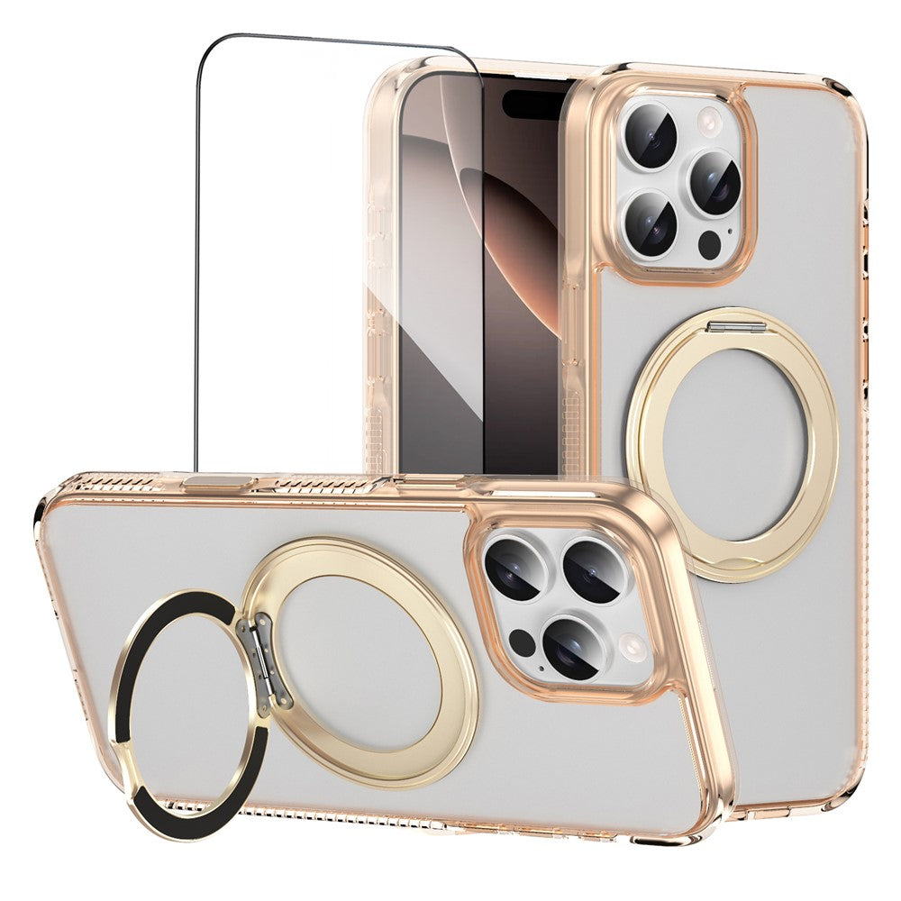 For iPhone 16 Pro Max Magnetic Case Rotating Kickstand PC + TPU Matte Phone Cover with Tempered Glass Film / Camera Button