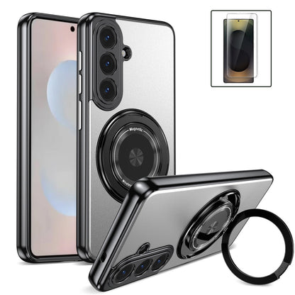 For Samsung Galaxy S26+ Magnetic Case Rotating Kickstand PC TPU Electroplated Phone Cover with Tempered Glass Screen Protector