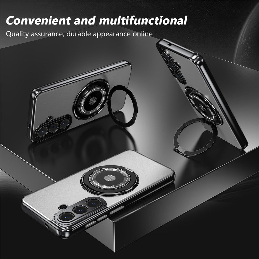 For Samsung Galaxy S26+ Magnetic Case Rotating Kickstand PC TPU Electroplated Phone Cover with Tempered Glass Screen Protector