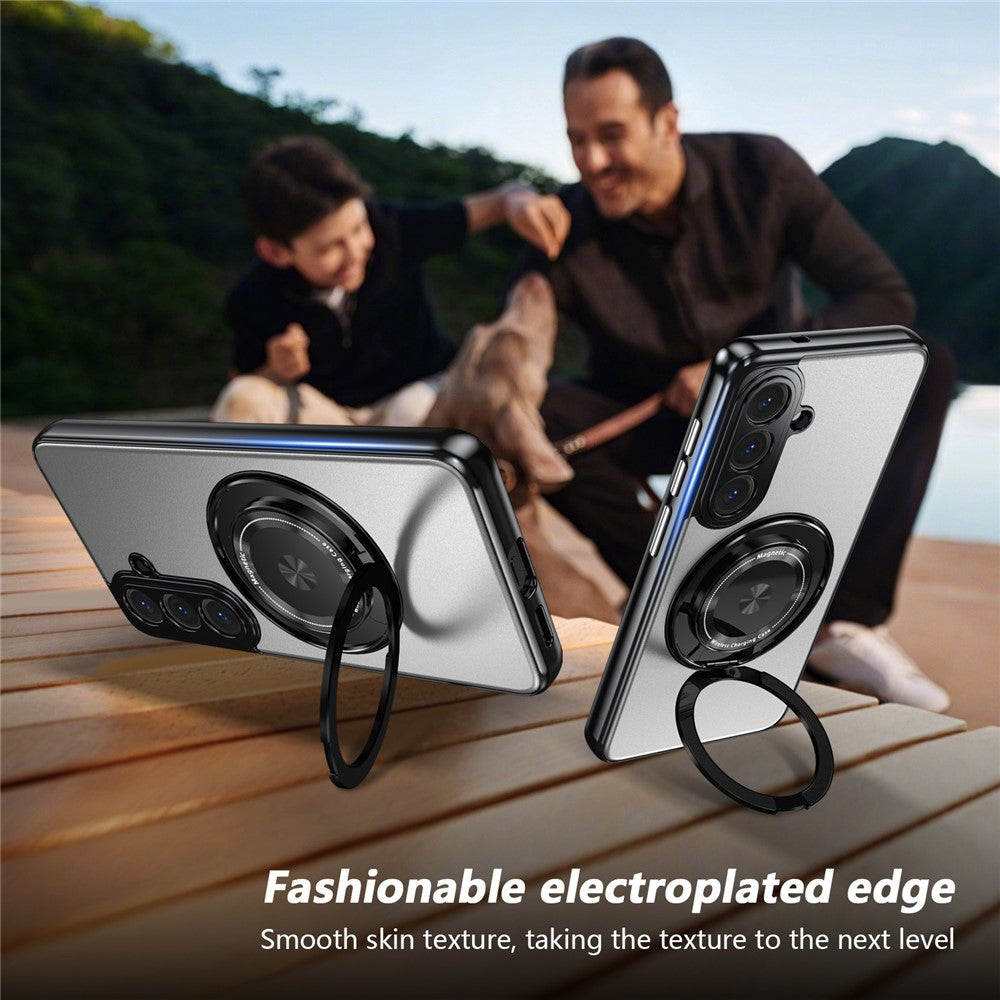 For Samsung Galaxy S26+ Magnetic Case Rotating Kickstand PC TPU Electroplated Phone Cover with Tempered Glass Screen Protector