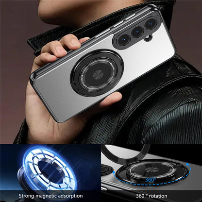 For Samsung Galaxy S26+ Magnetic Case Rotating Kickstand PC TPU Electroplated Phone Cover with Tempered Glass Screen Protector