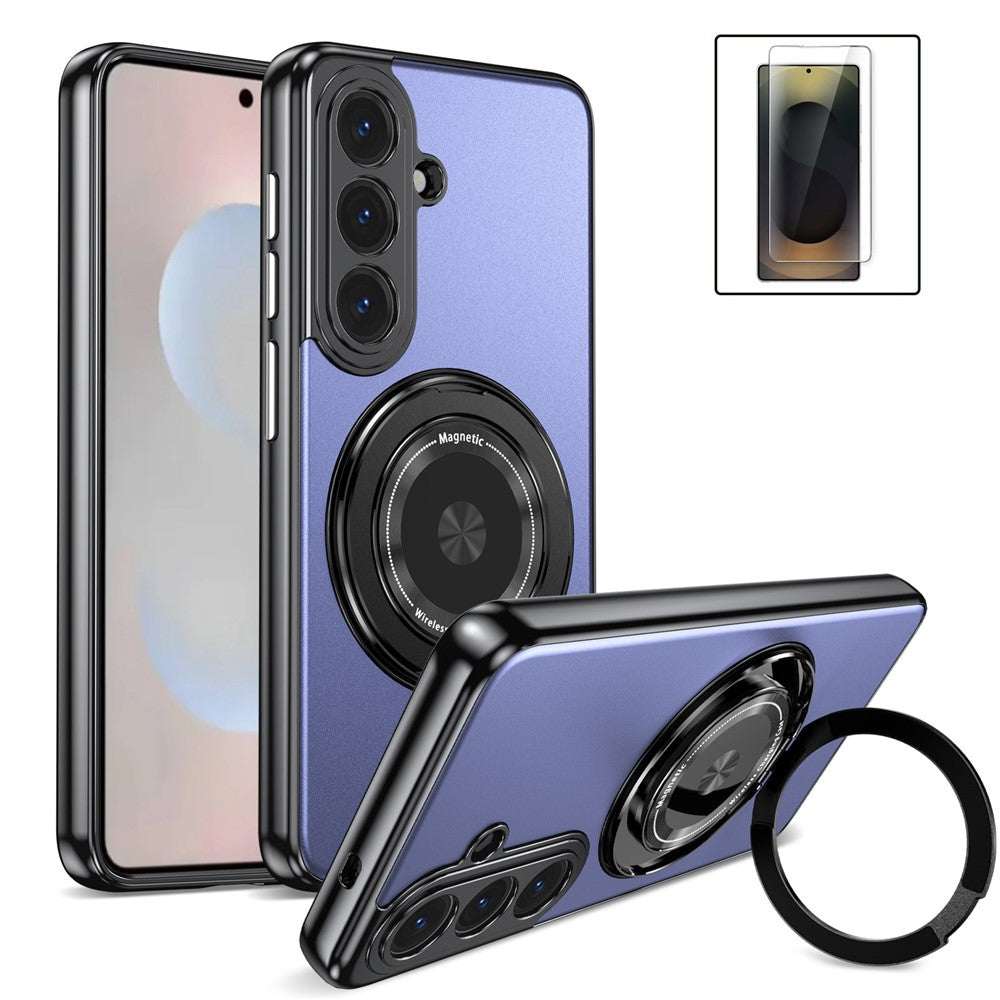 For Samsung Galaxy S26+ Magnetic Case Rotating Kickstand PC TPU Electroplated Phone Cover with Tempered Glass Screen Protector