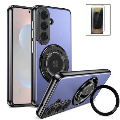 For Samsung Galaxy S26+ Magnetic Case Rotating Kickstand PC TPU Electroplated Phone Cover with Tempered Glass Screen Protector