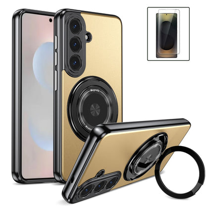 For Samsung Galaxy S26+ Magnetic Case Rotating Kickstand PC TPU Electroplated Phone Cover with Tempered Glass Screen Protector