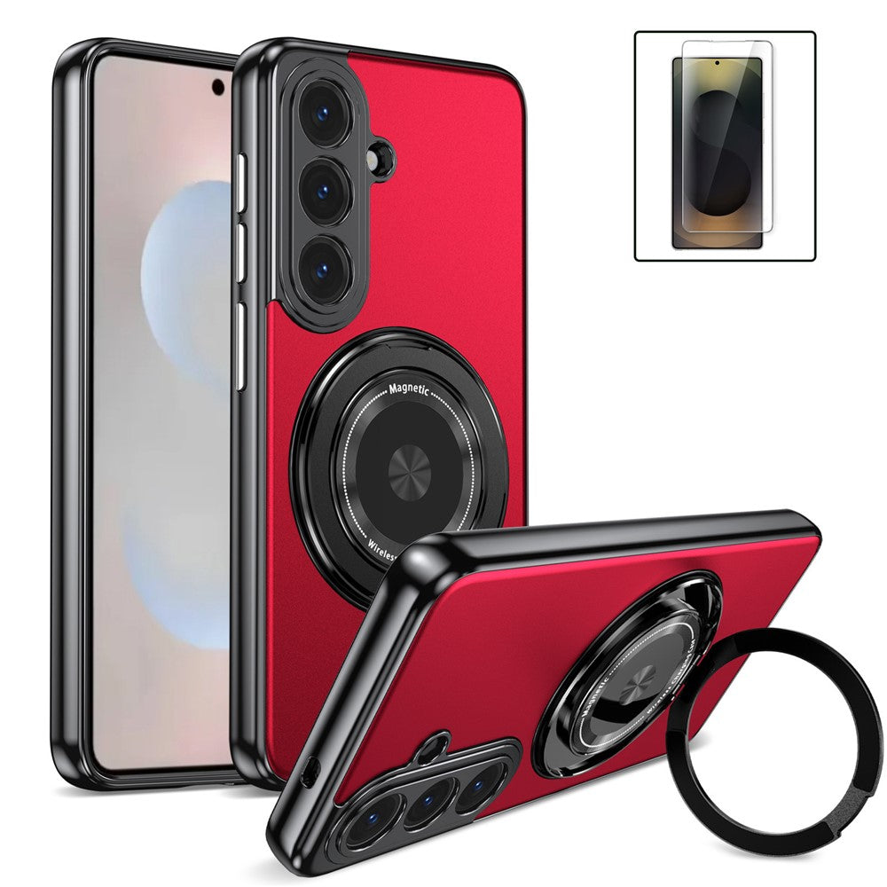 For Samsung Galaxy S26+ Magnetic Case Rotating Kickstand PC TPU Electroplated Phone Cover with Tempered Glass Screen Protector