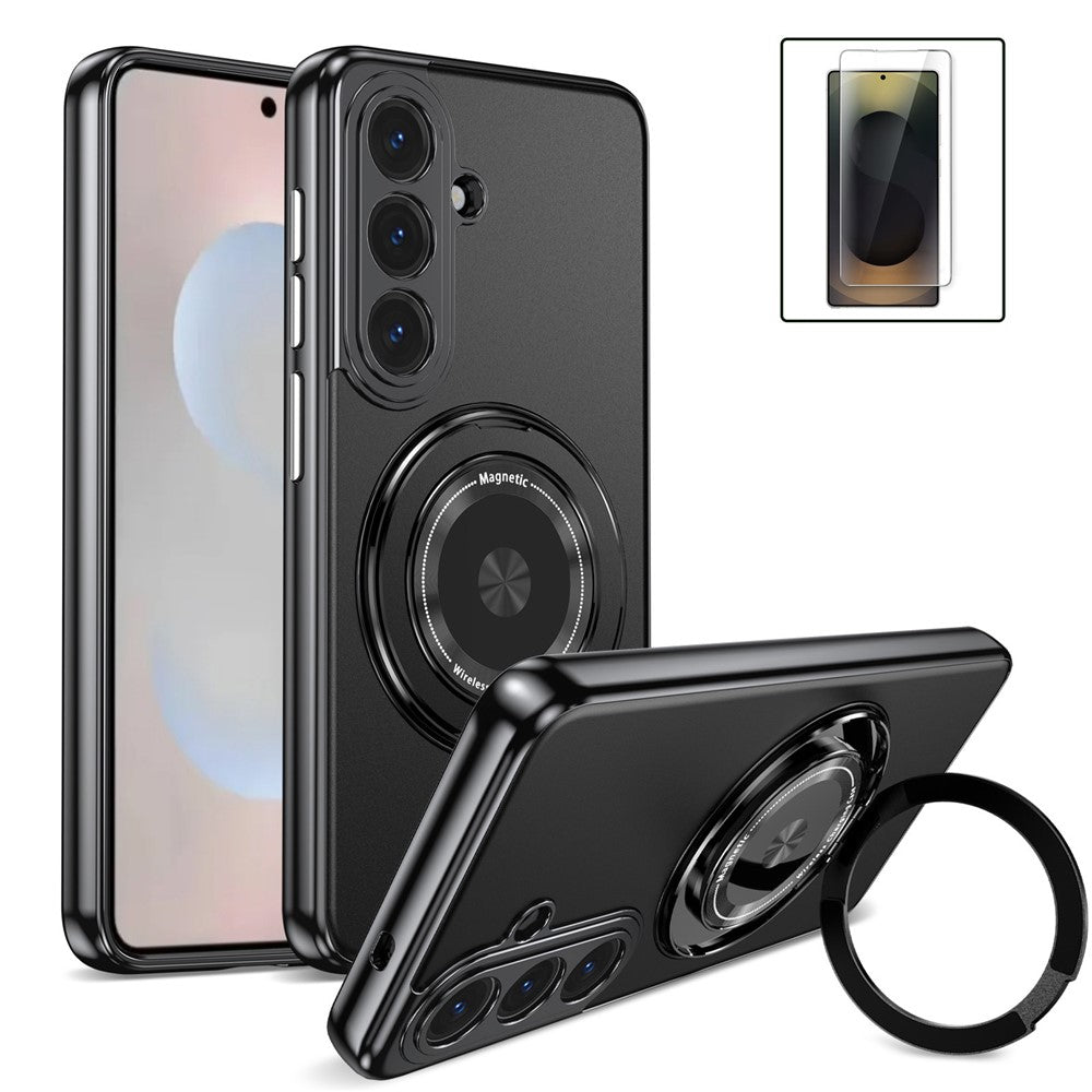 For Samsung Galaxy S26+ Magnetic Case Rotating Kickstand PC TPU Electroplated Phone Cover with Tempered Glass Screen Protector