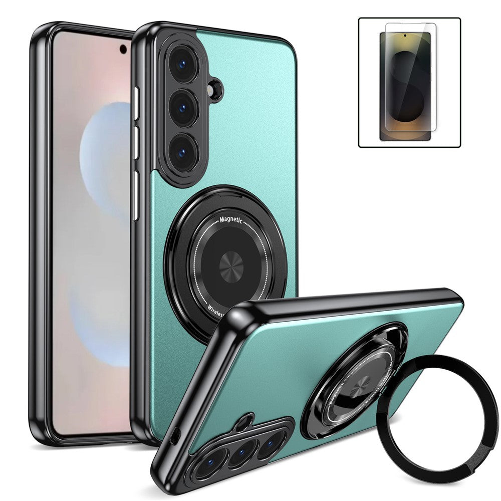 For Samsung Galaxy S26+ Magnetic Case Rotating Kickstand PC TPU Electroplated Phone Cover with Tempered Glass Screen Protector