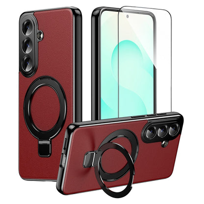 For Samsung Galaxy S26+ Magnetic Case PC PU Leather Cover with 360° Rotating Kickstand + Tempered Glass Screen Protector