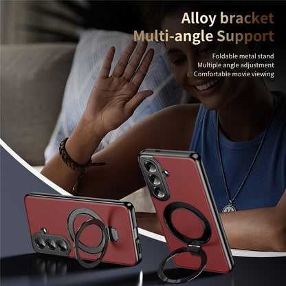 For Samsung Galaxy S26+ Magnetic Case PC PU Leather Cover with 360° Rotating Kickstand + Tempered Glass Screen Protector
