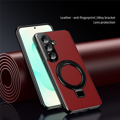 For Samsung Galaxy S26+ Magnetic Case PC PU Leather Cover with 360° Rotating Kickstand + Tempered Glass Screen Protector