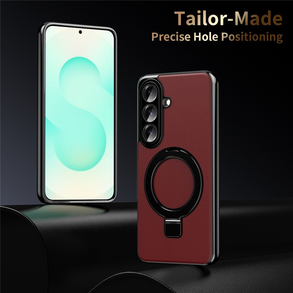 For Samsung Galaxy S26+ Magnetic Case PC PU Leather Cover with 360° Rotating Kickstand + Tempered Glass Screen Protector