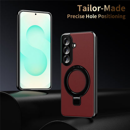For Samsung Galaxy S26+ Magnetic Case PC PU Leather Cover with 360° Rotating Kickstand + Tempered Glass Screen Protector