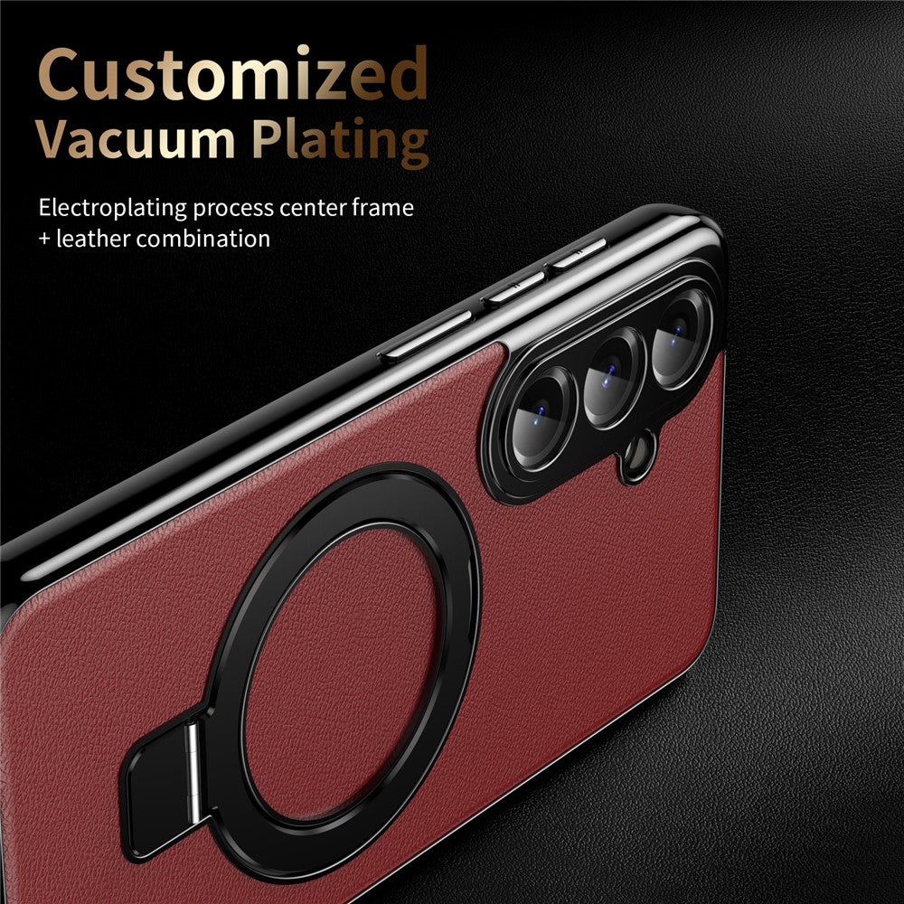 For Samsung Galaxy S26+ Magnetic Case PC PU Leather Cover with 360° Rotating Kickstand + Tempered Glass Screen Protector
