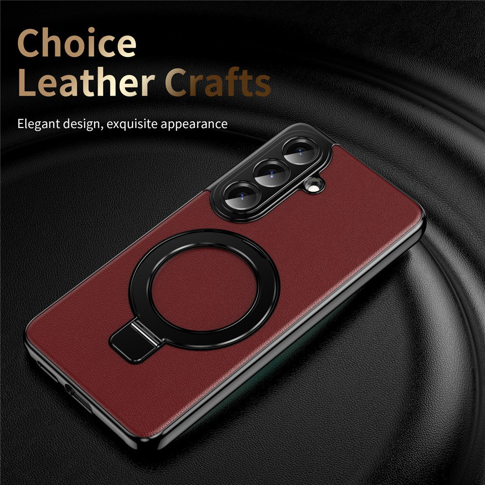 For Samsung Galaxy S26+ Magnetic Case PC PU Leather Cover with 360° Rotating Kickstand + Tempered Glass Screen Protector