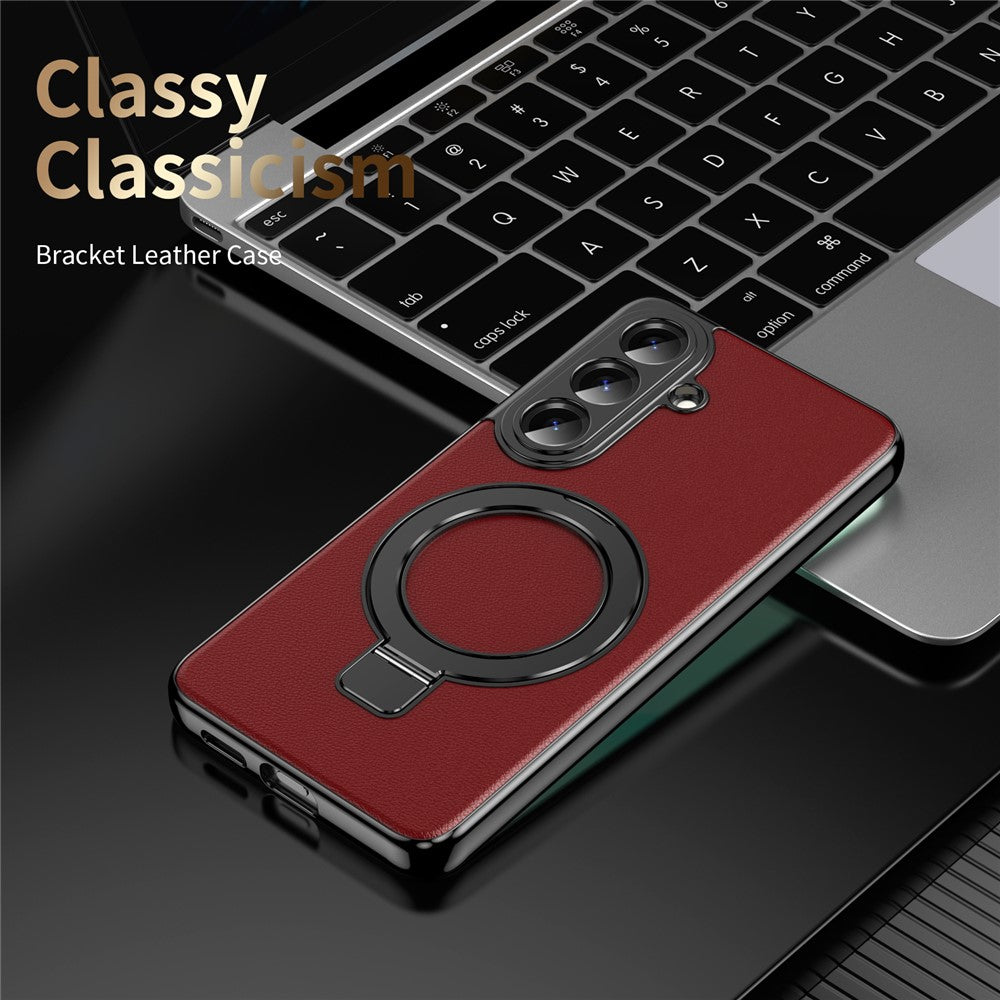 For Samsung Galaxy S26+ Magnetic Case PC PU Leather Cover with 360° Rotating Kickstand + Tempered Glass Screen Protector