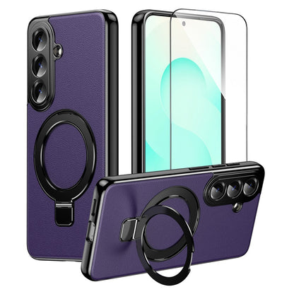 For Samsung Galaxy S26+ Magnetic Case PC PU Leather Cover with 360° Rotating Kickstand + Tempered Glass Screen Protector