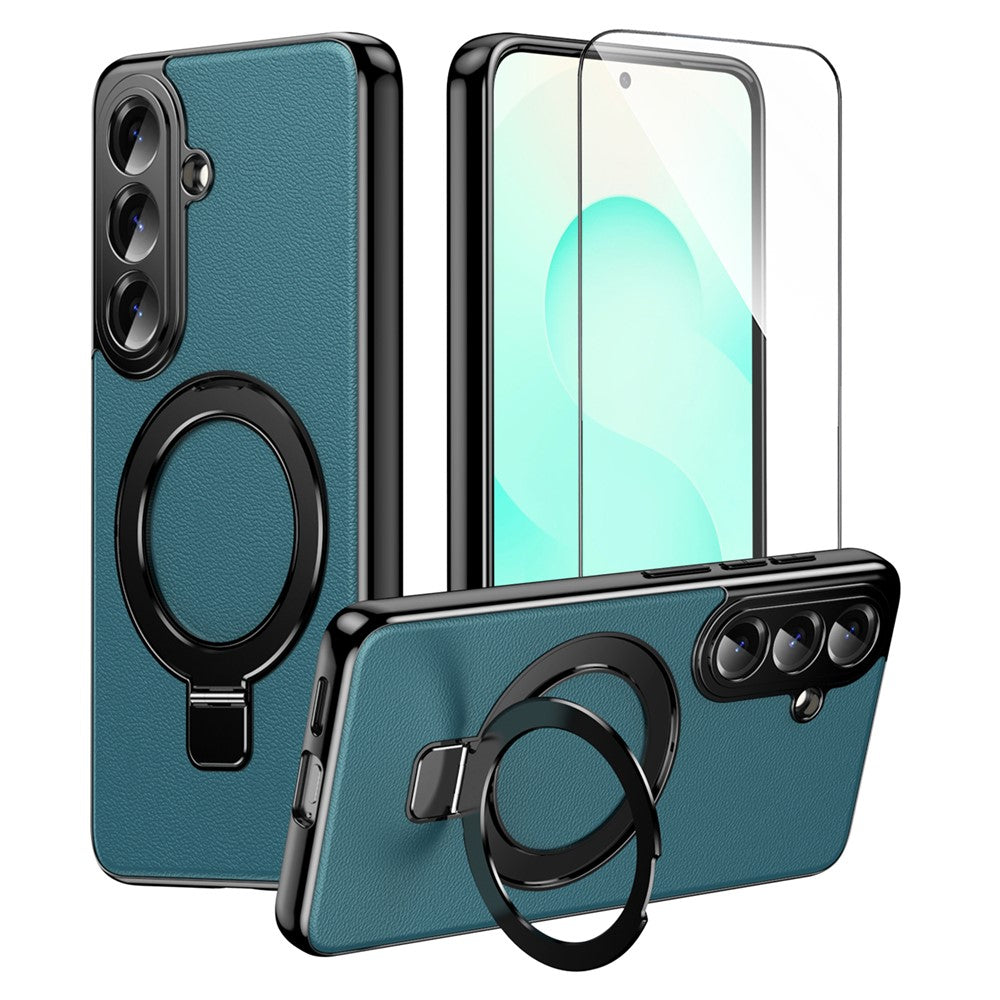 For Samsung Galaxy S26+ Magnetic Case PC PU Leather Cover with 360° Rotating Kickstand + Tempered Glass Screen Protector