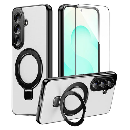 For Samsung Galaxy S26+ Magnetic Case PC PU Leather Cover with 360° Rotating Kickstand + Tempered Glass Screen Protector