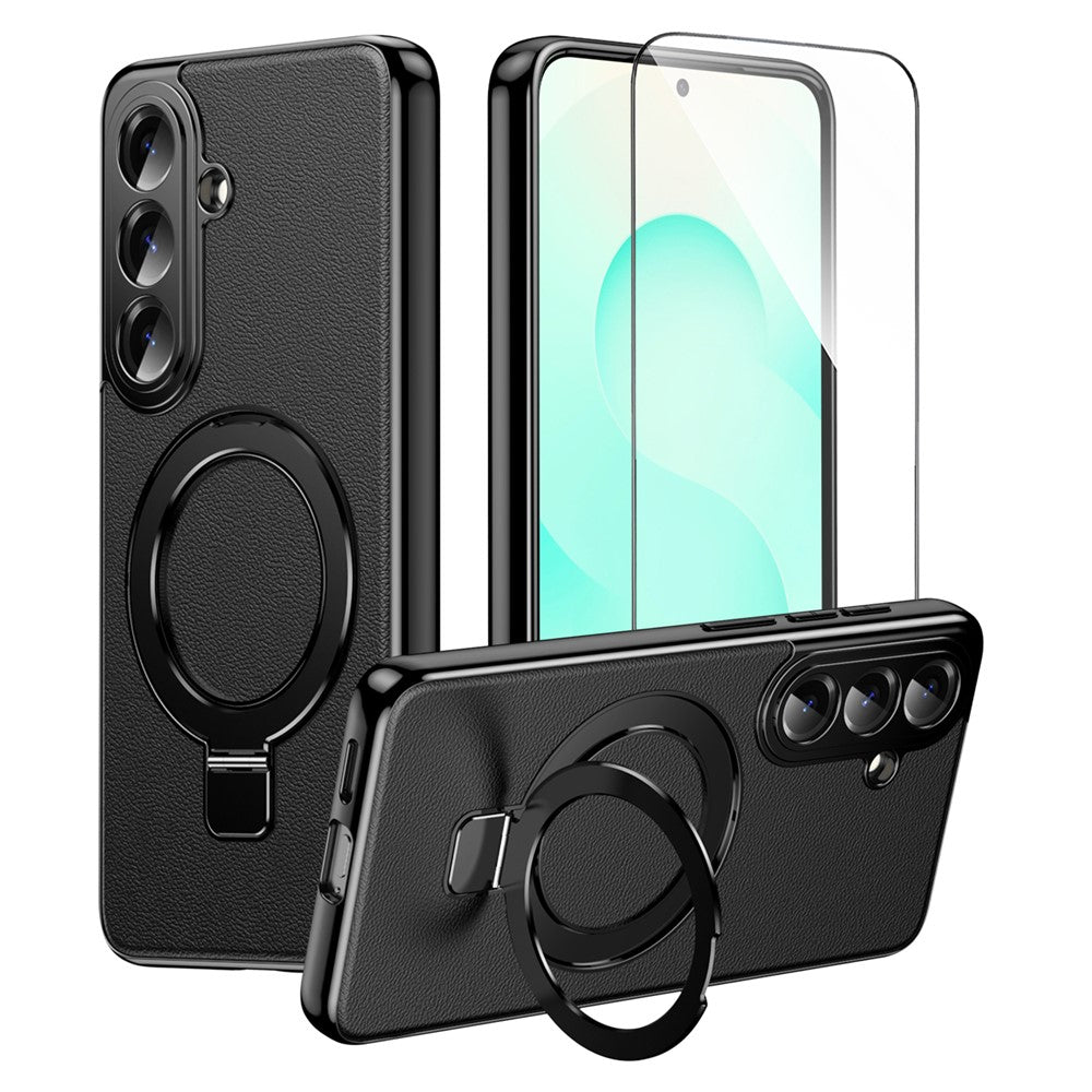 For Samsung Galaxy S26+ Magnetic Case PC PU Leather Cover with 360° Rotating Kickstand + Tempered Glass Screen Protector