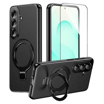 For Samsung Galaxy S26+ Magnetic Case PC PU Leather Cover with 360° Rotating Kickstand + Tempered Glass Screen Protector