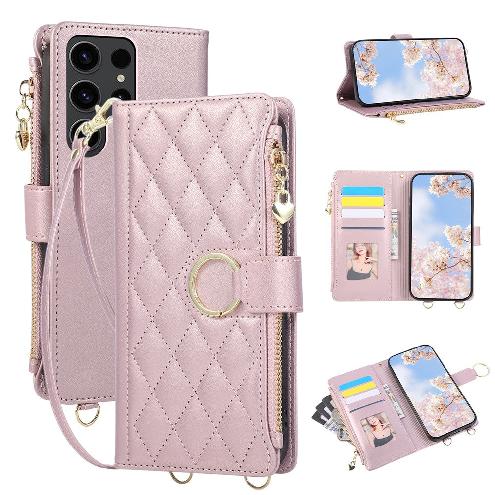 For Samsung Galaxy S25 Ultra Case Magnetic Ring Buckle Zipper Pocket Rhombic Leather Phone Cover with Wrist Strap