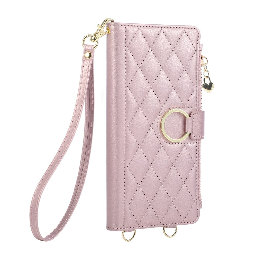 For Samsung Galaxy S25 Ultra Case Magnetic Ring Buckle Zipper Pocket Rhombic Leather Phone Cover with Wrist Strap