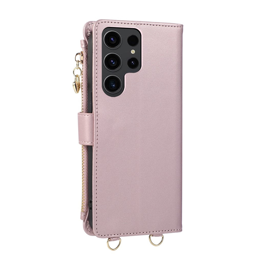 For Samsung Galaxy S25 Ultra Case Magnetic Ring Buckle Zipper Pocket Rhombic Leather Phone Cover with Wrist Strap