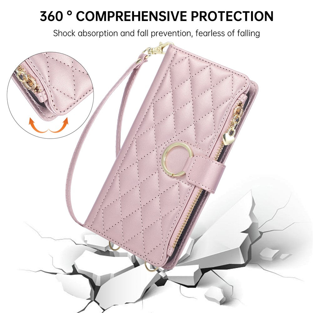 For Samsung Galaxy S25 Ultra Case Magnetic Ring Buckle Zipper Pocket Rhombic Leather Phone Cover with Wrist Strap