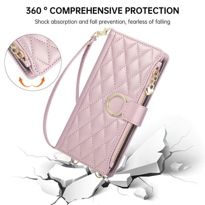 For Samsung Galaxy S25 Ultra Case Magnetic Ring Buckle Zipper Pocket Rhombic Leather Phone Cover with Wrist Strap