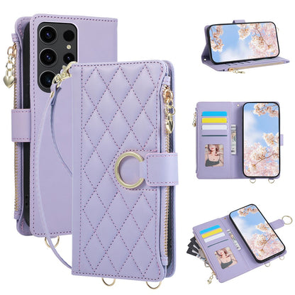 For Samsung Galaxy S25 Ultra Case Magnetic Ring Buckle Zipper Pocket Rhombic Leather Phone Cover with Wrist Strap
