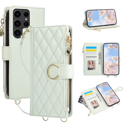 For Samsung Galaxy S25 Ultra Case Magnetic Ring Buckle Zipper Pocket Rhombic Leather Phone Cover with Wrist Strap