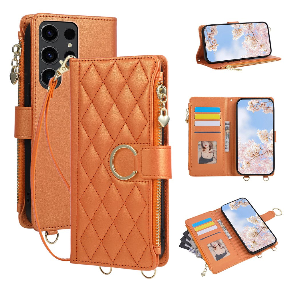 For Samsung Galaxy S25 Ultra Case Magnetic Ring Buckle Zipper Pocket Rhombic Leather Phone Cover with Wrist Strap