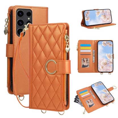 For Samsung Galaxy S25 Ultra Case Magnetic Ring Buckle Zipper Pocket Rhombic Leather Phone Cover with Wrist Strap