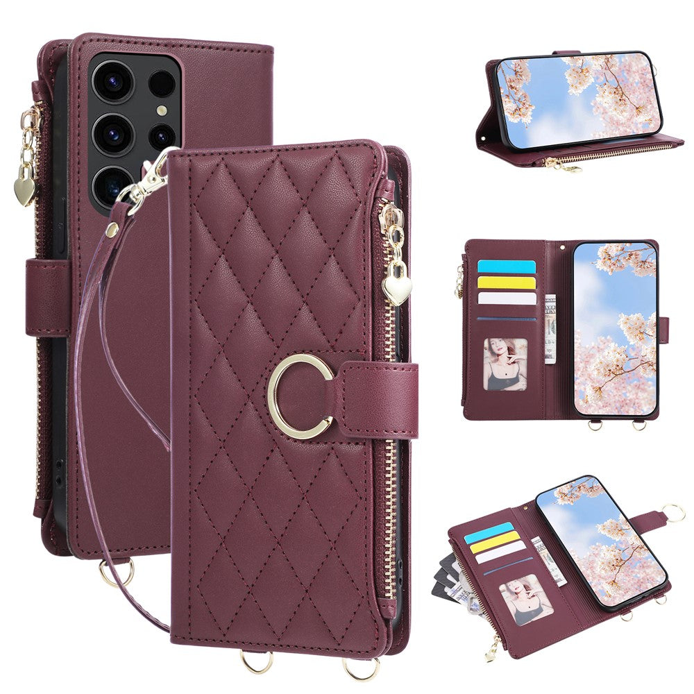 For Samsung Galaxy S25 Ultra Case Magnetic Ring Buckle Zipper Pocket Rhombic Leather Phone Cover with Wrist Strap